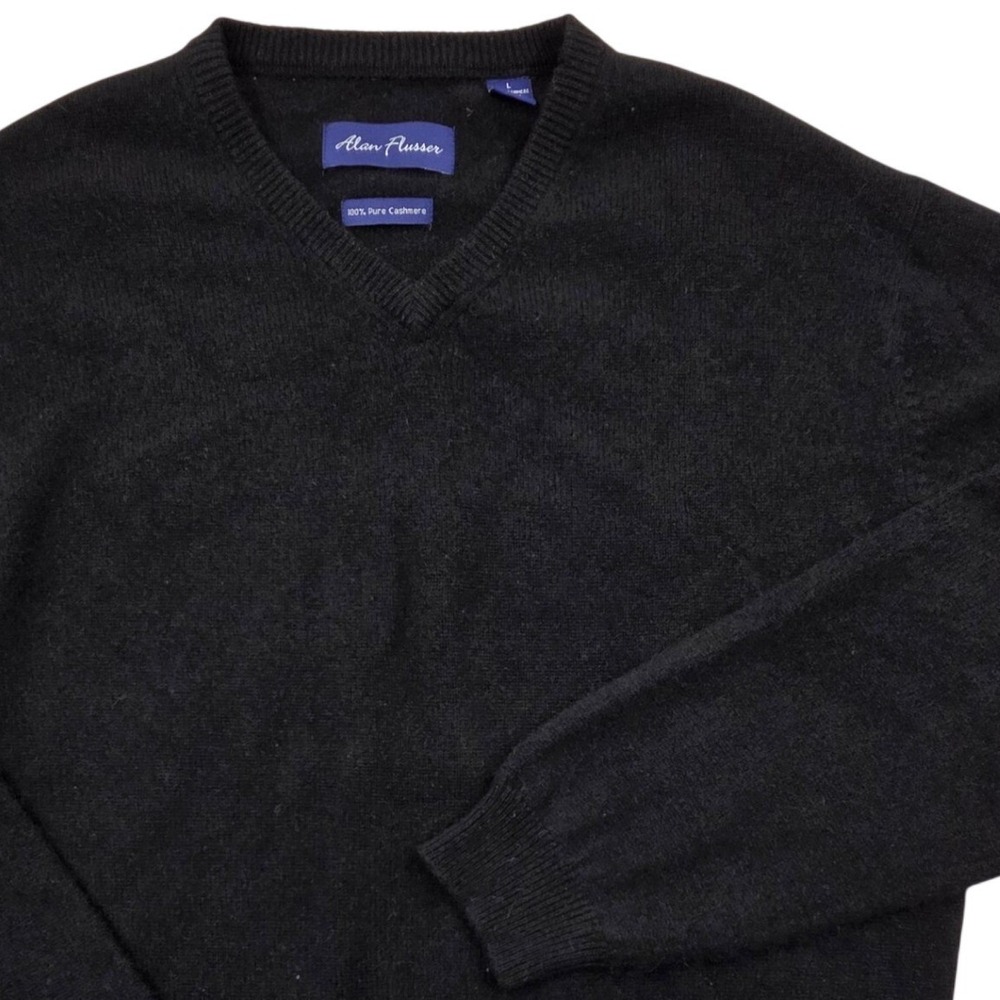 Alan Flusser Mens Black 100% Pure Cashmere V-Neck Sweater Size Large L